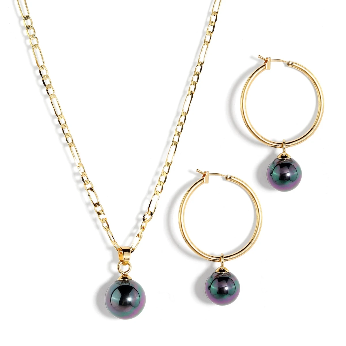 Minimalist Hawaiian Colorful Tahitian Pearl Earring Necklace Jewelry Set with Figaro Chain Chritmas Gift Handmade Jewellery