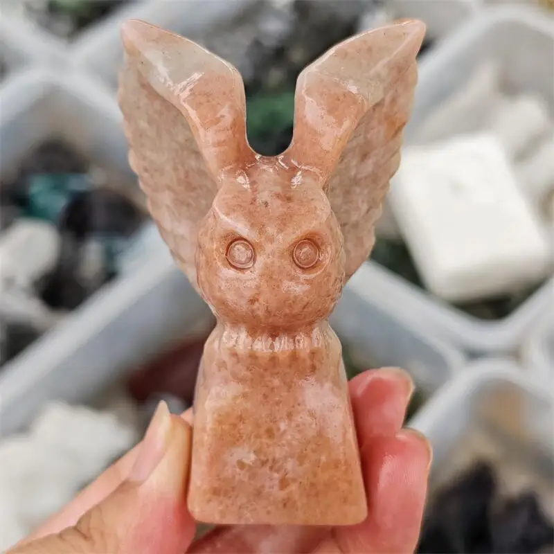 Natural Sunstone Owl Carving Animal Reiki Healing Fengshui Stone Reiki Ornament Holiday Crafts Gift 1PCS