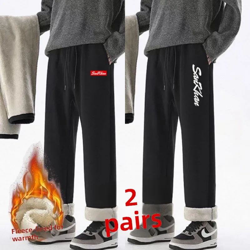 

Winter New Fce Lined Warm Straight Leg Pants Thiened Lamb Velvet Loose Slimming Trendy All-Match Printed Casual Trousers