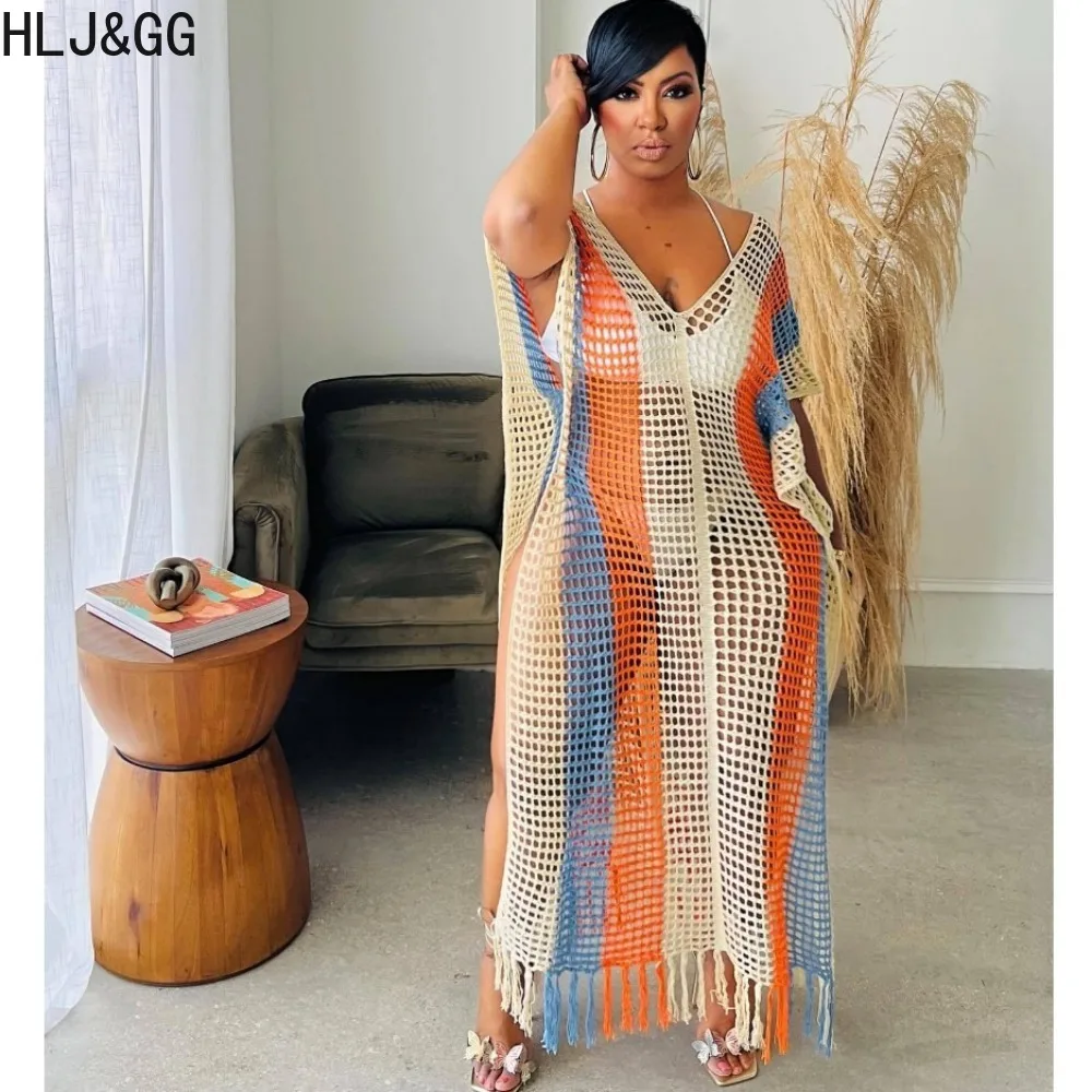 Hlj & gg sexy Farbe Patchwork aushöhlen Quasten Strand Urlaub Kleider Frauen V-Ausschnitt Kurzarm lose Vestidos Mode Kleidung