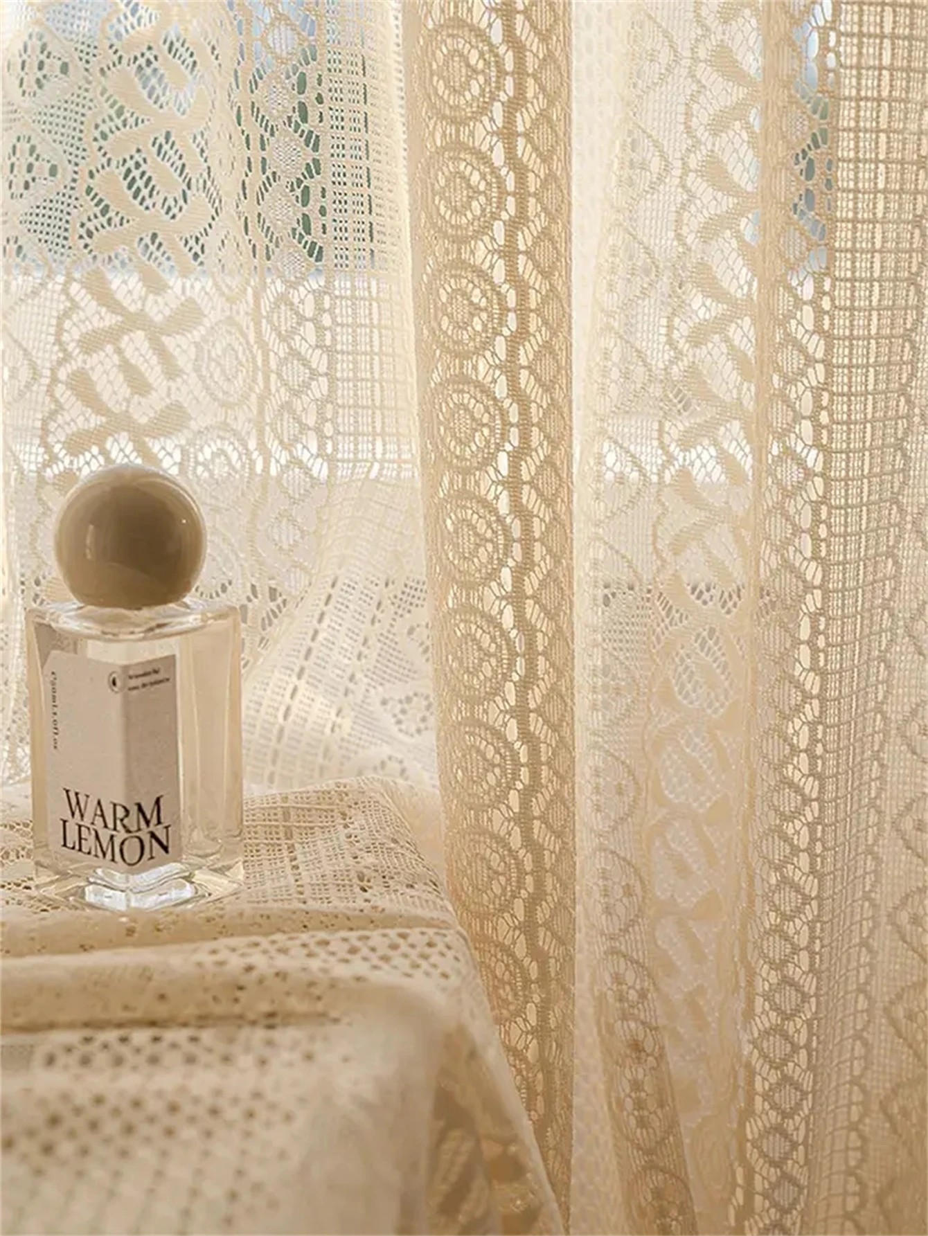 1PC Japanese Boho Style Voile Tulle，Beige Vintage Argyle Geometric Sheer Curtain，Rod Pocket，for the Living Room Decor
