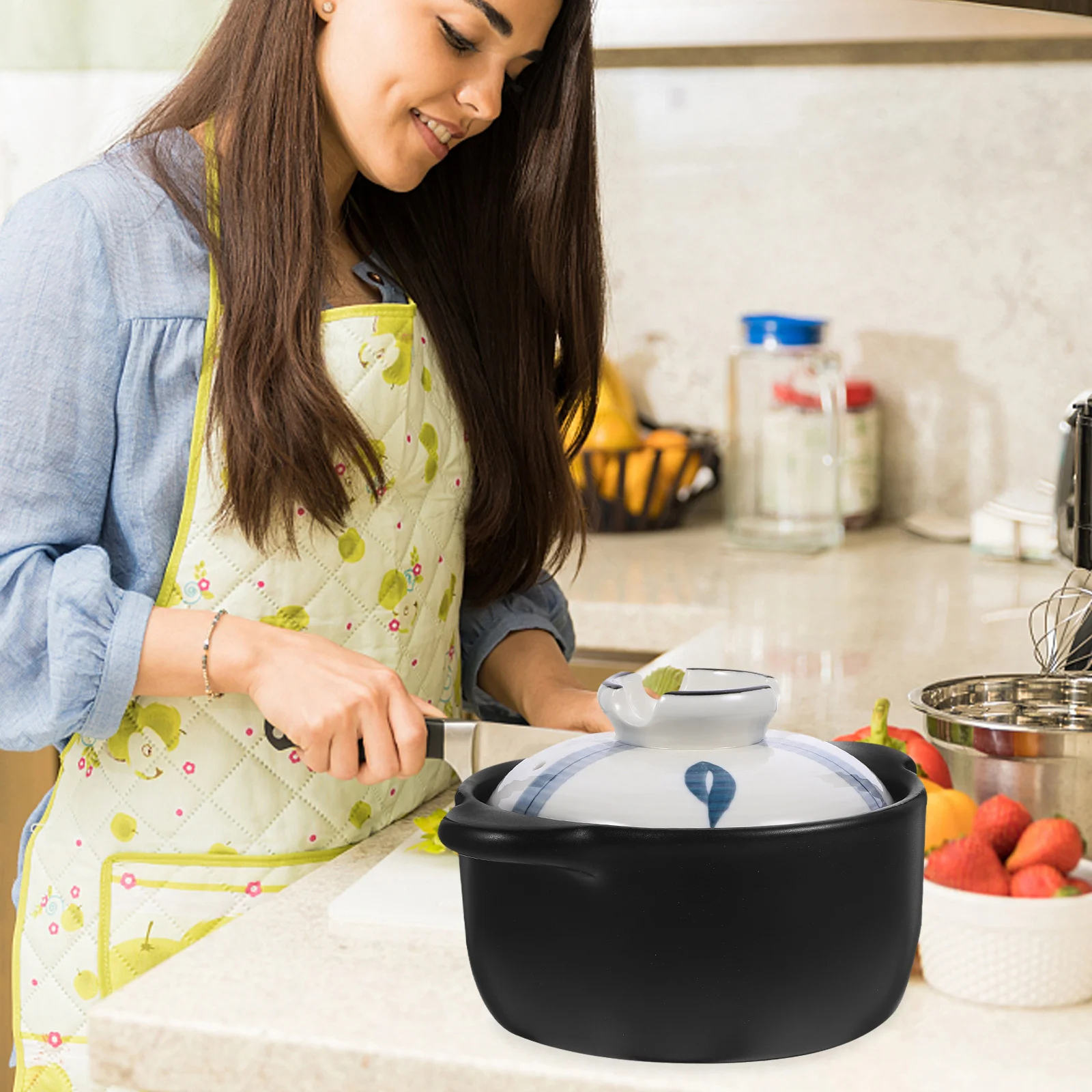 

Cooking Pot Soup Rice Ceramic Pan Stovetop Covered Casserole Dish Cookware Small