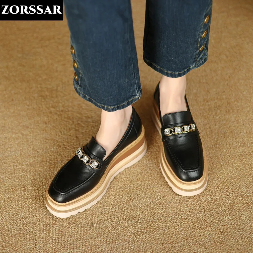 

2024 Spring New Women Flat Platform Shoes Slip On Moccains Ladies Casual Shoes Woman Thick Sole Brogue Creepers Sneakers Brown