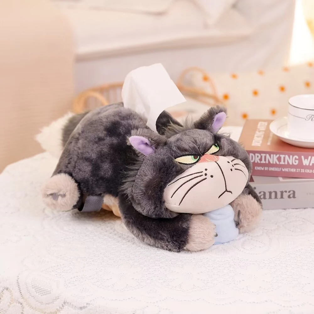 Cartoon Grey Cat Tissue Cover Lucifer Cat Stuffed Anime Cinderella Bad Cat Plushies Tissue Boxes Backseat Hanging Tissue Bag