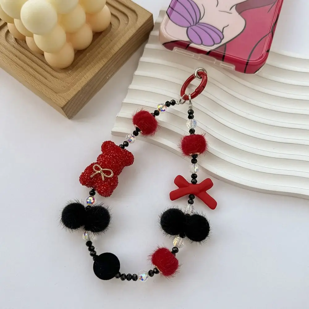 Luxury Y2k Bear Phone Lanyard Plush Ball Beads Dolls Keychain Cartoon Leopard Bag Pendant Hanging Boy