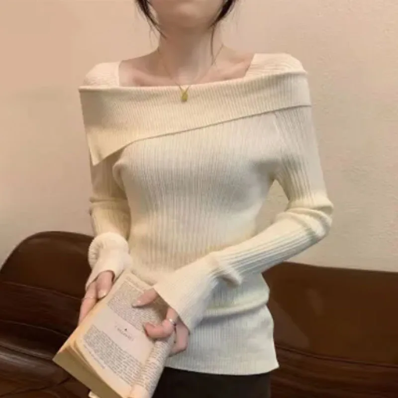 

Knitted Sweater Women Pullovers New Long Sleeve Black Slash Neck Knit Sweater Pullover Women Tops Sweaters Sueter Feminino Q2919