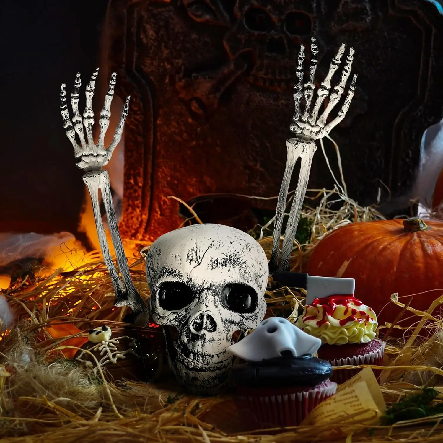 Décorations de piquets de squelette d'Halloween, décoration de squelette effrayante et effrayante, décor réaliste de bras de tête de crâne de coupe-sol d'Halloween