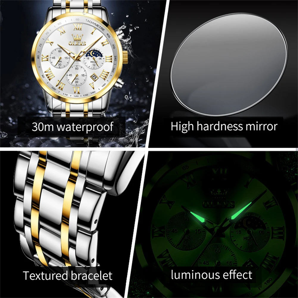 OLEVS New Luxury Quartz Watch for Men Top Brand Stainless Steel Waterpoof Chronograph Mens Wristwatch Clock Moon Phase Man Watch