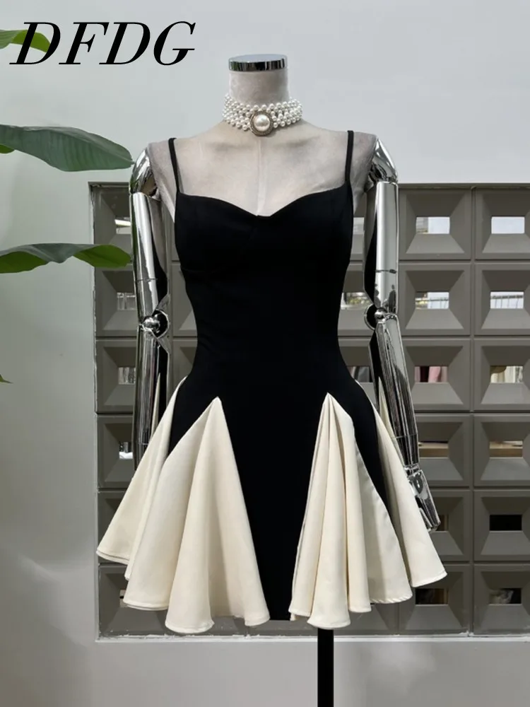 

DFDG Элегантное высококачественное платье с оборками и нашивками, весна-осень 2023, новое женское универсальное платье с открытой спиной и поясом с цветными блоками