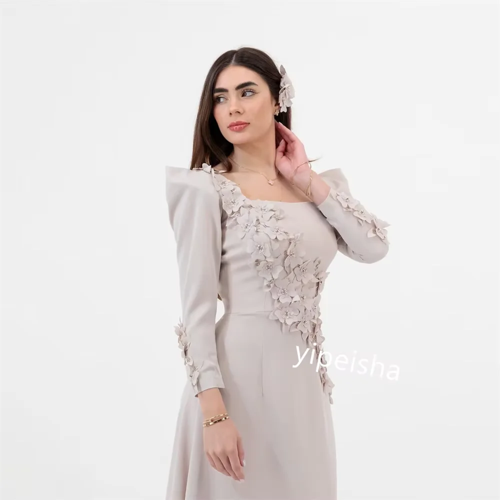Gaun Prom A-Line Kustom Gaun Malam Lengan Penuh Kerah Persegi Panjang Teh Gaun Pesta Terbungkus Bunga Fashion Sederhana