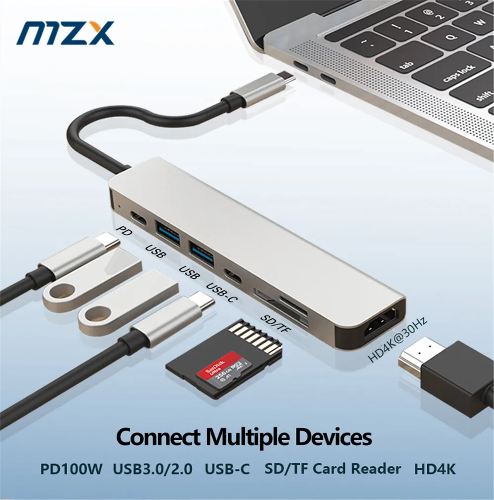 MZX 7 in 1 Laptop Docking Station 4K 30Hz HDMI-Compatible USB 3.0 Hub Concentrator Multi-hub Type C Adapter Splitter 3 0 Dock - view 6