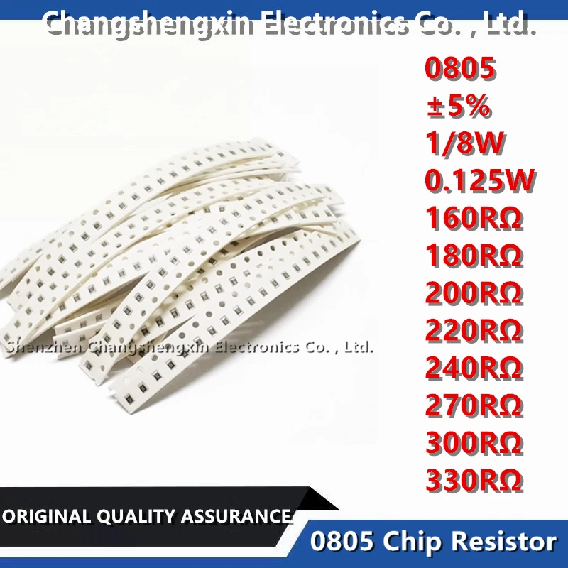 

100PCS 0805 SMT Chip Resistor Tolerance ±5% 1/8W 0.125W Resistance 160RΩ 180RΩ 200RΩ 220RΩ 240RΩ 270RΩ 300RΩ 330RΩ Ohms