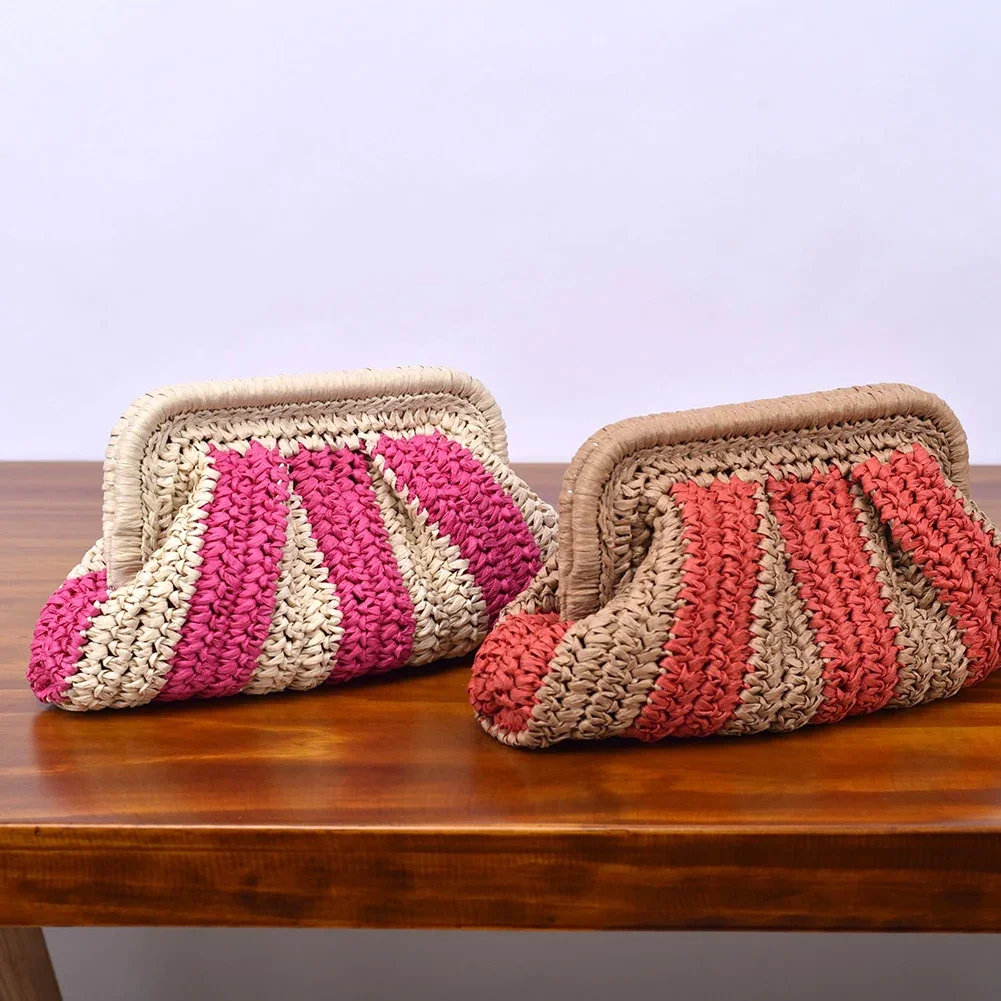 Bolso de mano de paja hecho a mano, bolsa de playa de verano, bolso tejido a rayas, bolsa tejida de diseñador para viajes al aire libre