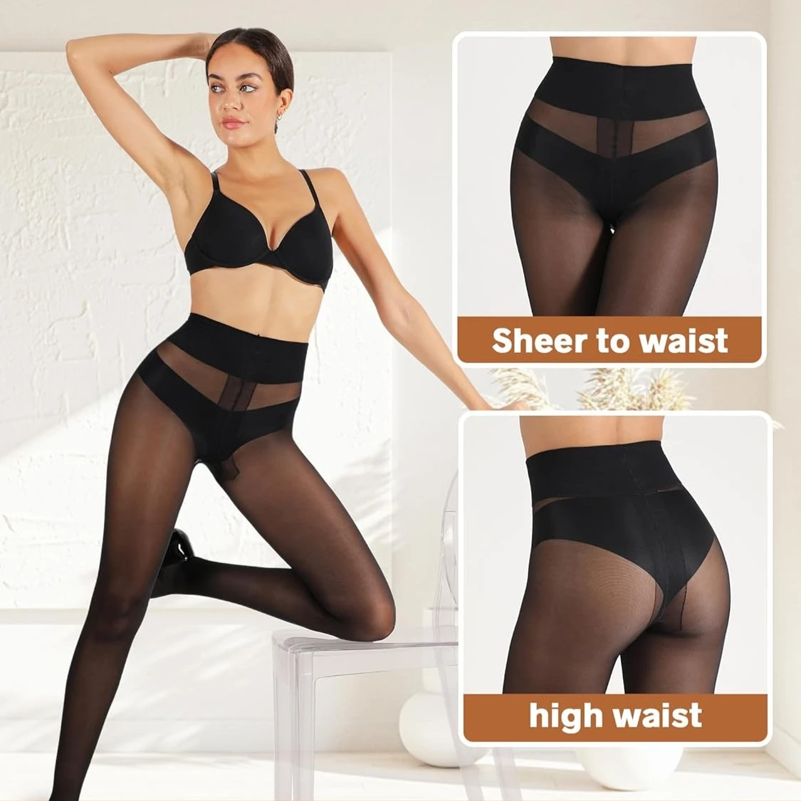 

Прозрачные колготки для женщин с высокой талией, черные, с Т-образным вырезом, 1 пара