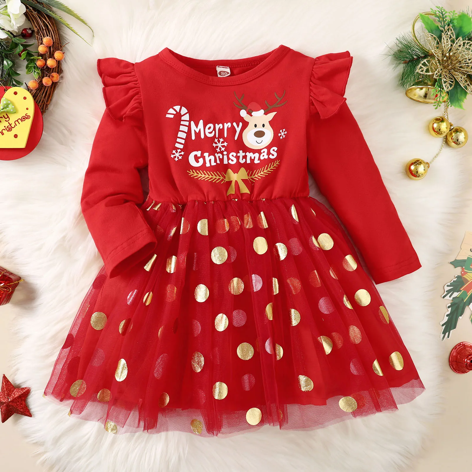 ﻿ Girl Wedding Party Dress Infant Girls Child 2024 Christmas Long Sleeve Deer Prints Splicing Tulle Dresses Girls Pageant Dress