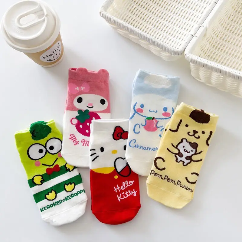 

5pcs Sanrio Hello Kitty Melody Socks Cinnamon Cute Cartoon Short Harajuku Anime Peripheral Printed Kawaii Cotton Boat Socks Gift