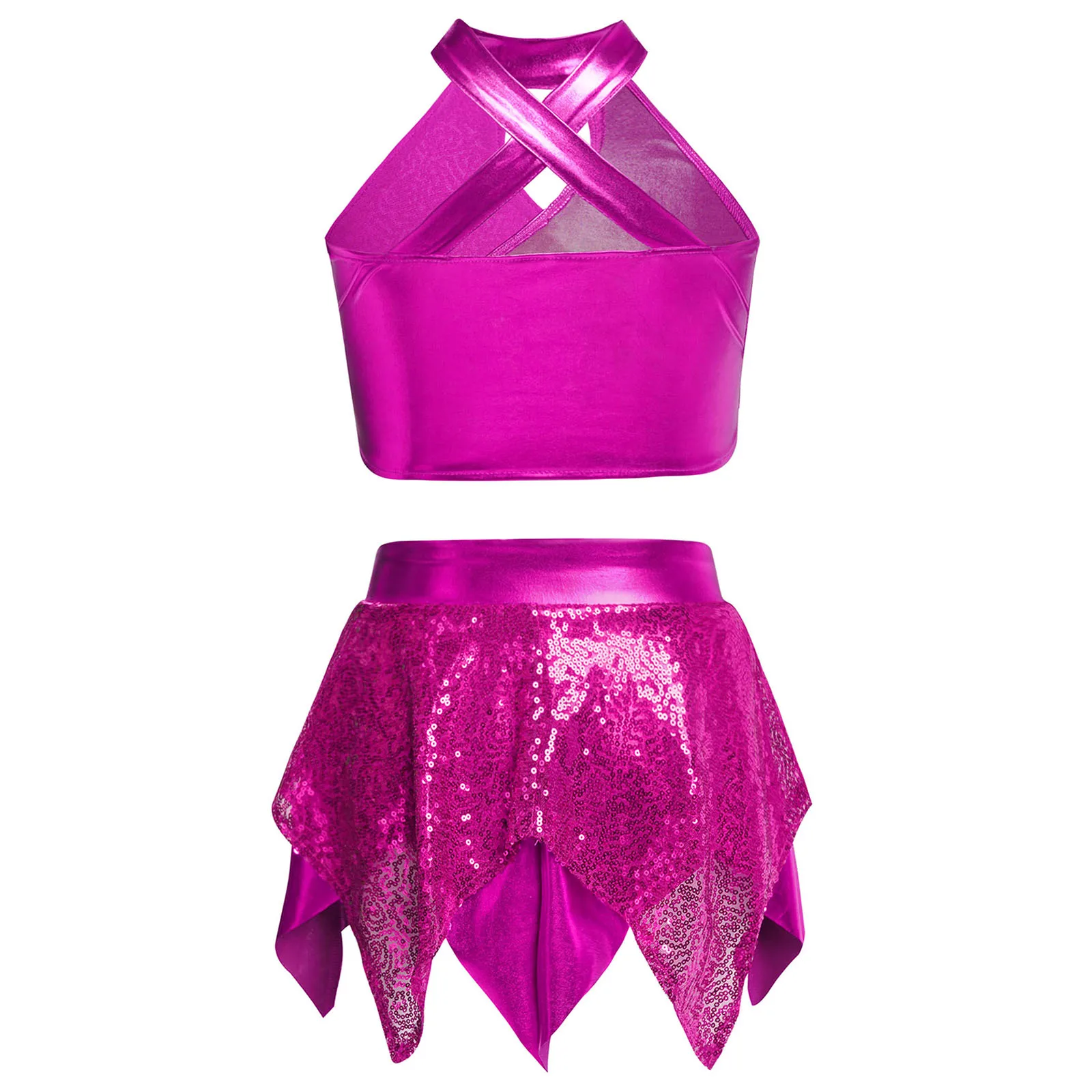 Kids Girls Gymnastics Ballet Dance Outfits Modern Latin Jazz Dancing Performance Costume Sparkly Sequins Crop Top with Skirt