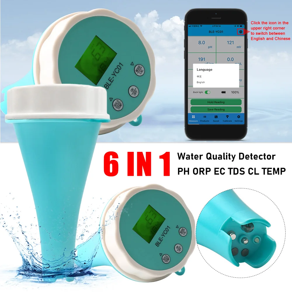 

6 In 1 Intelligent Chlorin Meter PH Meter Swimming Pool Chlorine Temp Tester PH/ORP/EC/TDS Water Quality Tester Pool Accessories