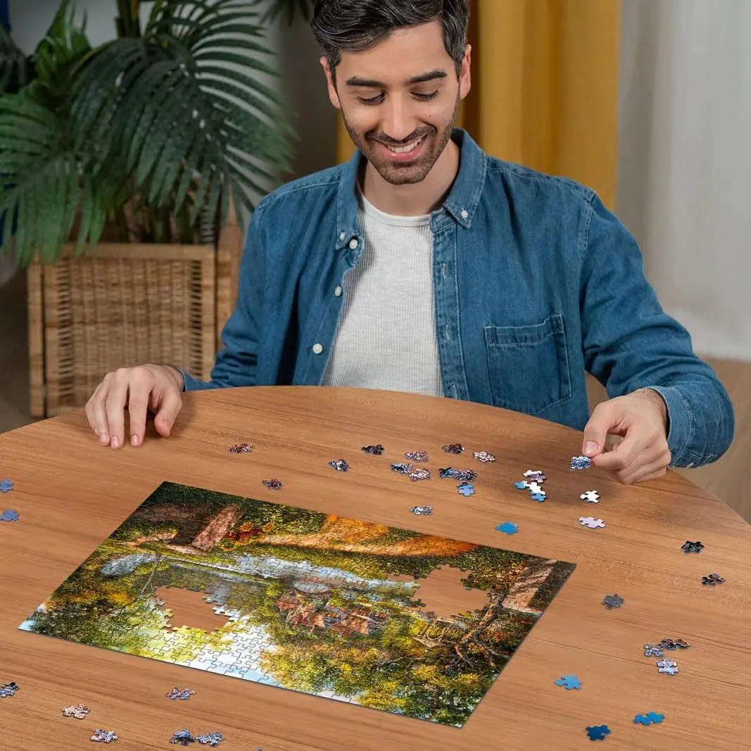 Wooden Puzzle Cottage By The River 1000/500/300 Pcs Jigsaw Puzzle Challenging Family Activity Floor Game for Gameroom Livingroom
