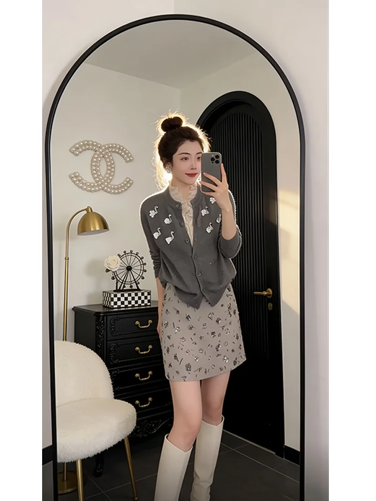 

ay Floral Rhinestone Knitted Open Cardigan Women's Faionable Versatile Sweater Jaet Top Casual Loose Fit Long Sve