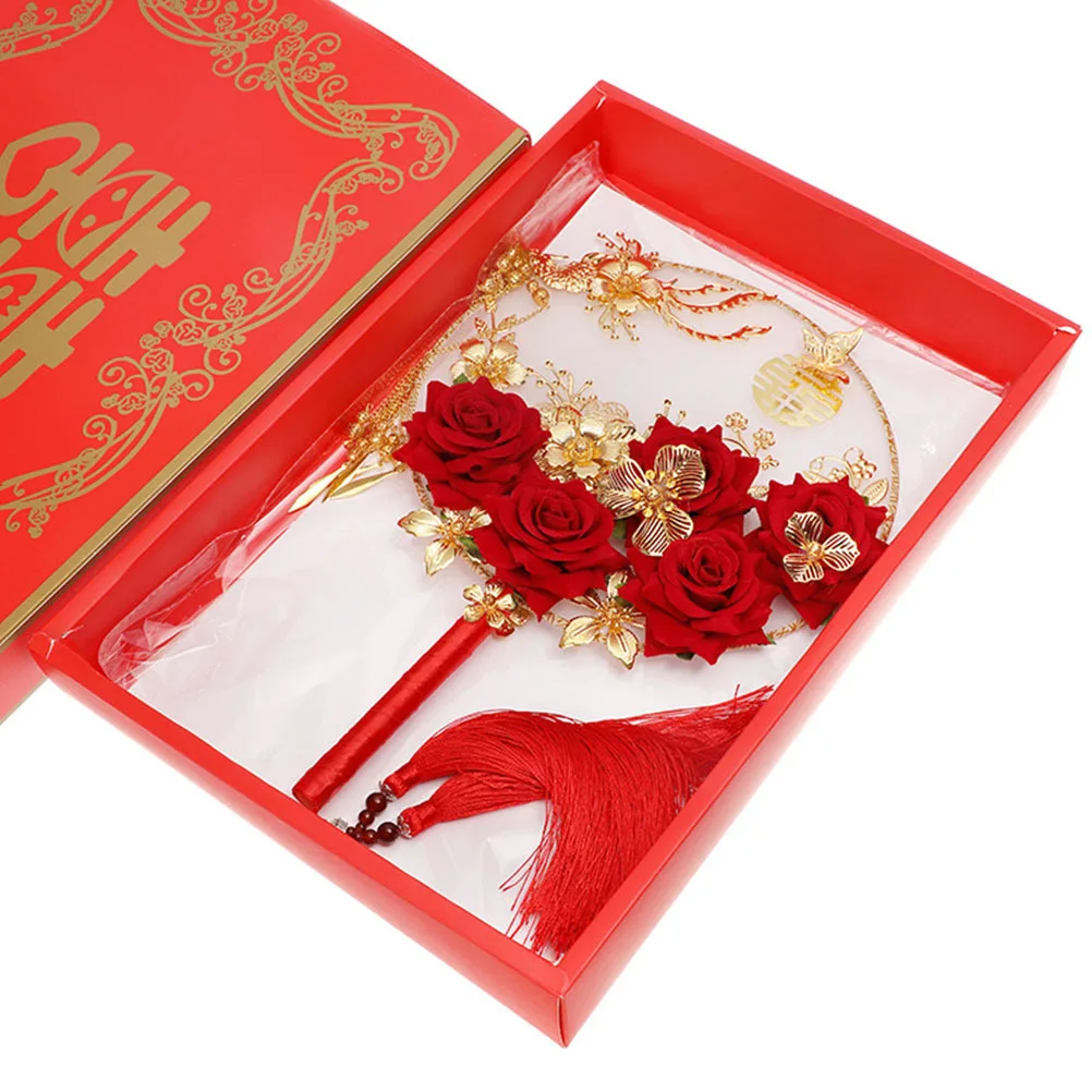 

Elegant Chinese Style Hand Fan Retro Round Alloy Fan with Simulated Rose and Tassel Perfect for Bridal Decoration Wall Display