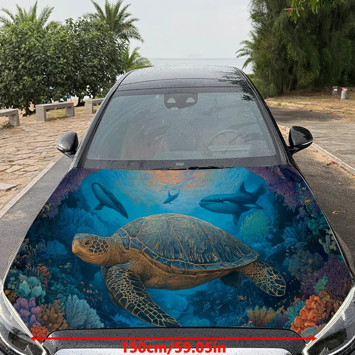 Lively Sea Turtle with Fish Car Hood Stickers - Self-Adhesive, Waterproof and Durable Vinyl Wrap, Decorate And Protect Your Car,
