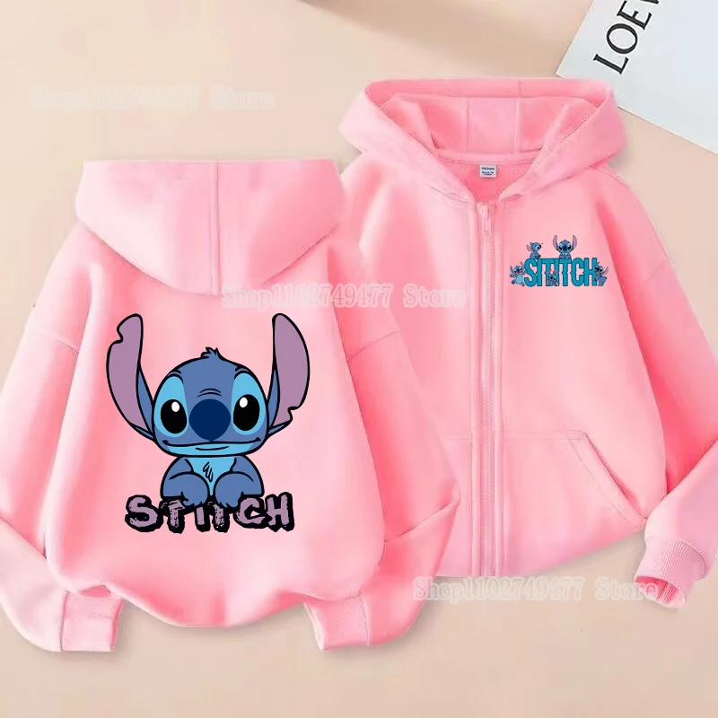 Veste à capuche Disney Anime Stitch pour enfants, cardigan chaud, mignon, dessin animé, décontracté, extérieur, automne, hiver, fille, Kawaii