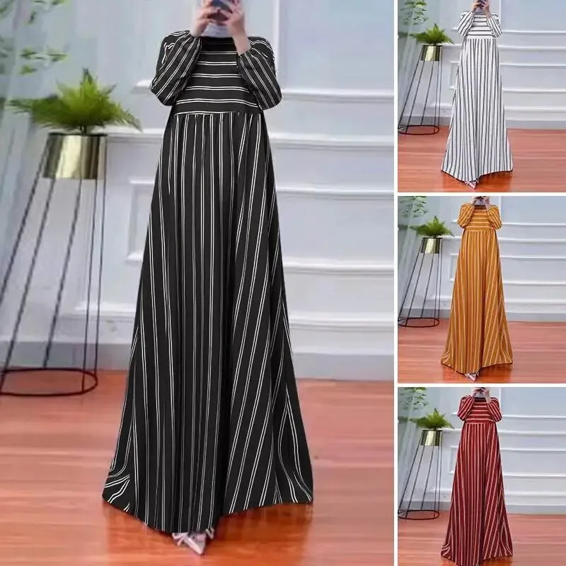 Fashion Women's Maix Dress Autumn Long Sleeve Dubai Türkiye Abaya Headband Dress Stripe