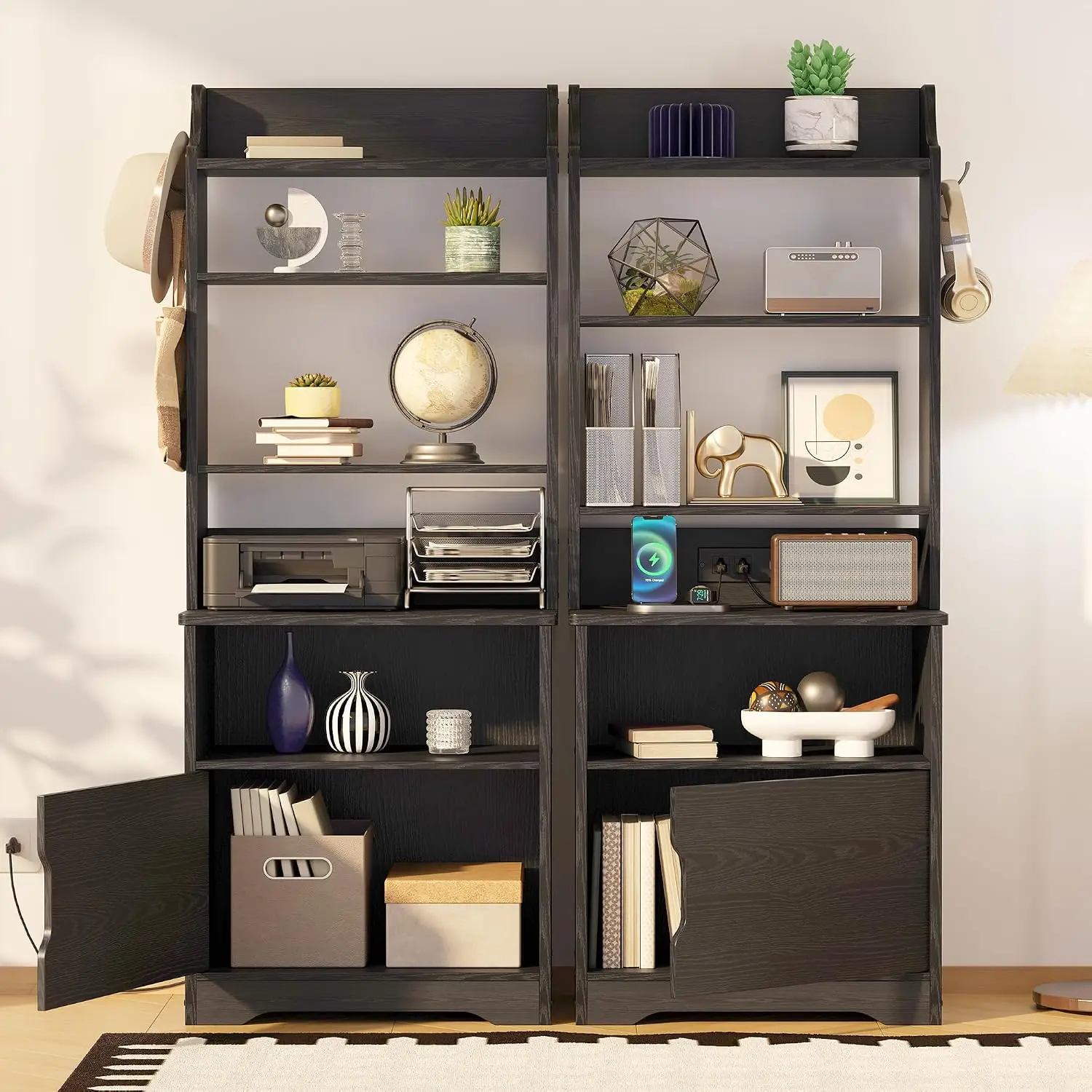 Nightstand, 55" Tall End Side Table with Charging Station and Storage Cabinet, Small Bookshelf