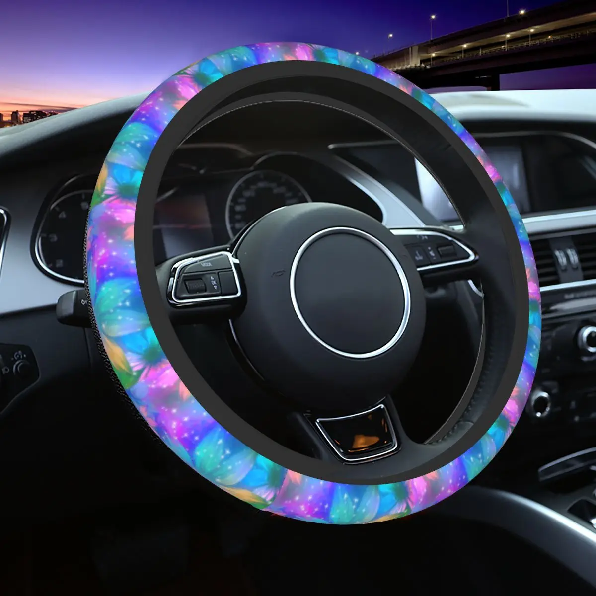 Psychedelic Flower Car Steering Wheel Cover Anti-slip Floral Steering Wheel Protective Cover Car-styling Interior Accessories