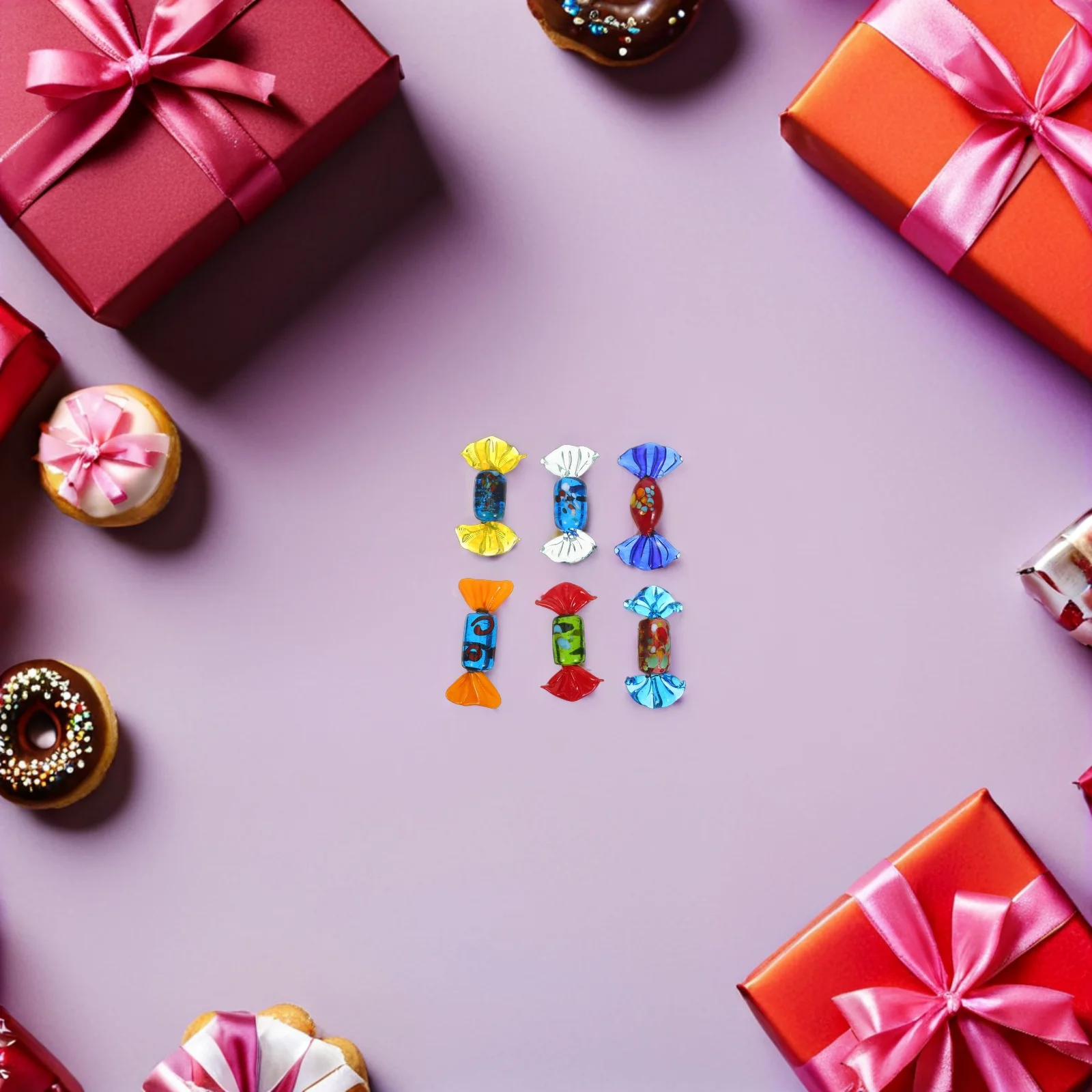 

6Pcs Colorful Glass Candy Decorations Whimsical Cartoon Design Small Size Shelf Display for Vintage Festival Wedding Decor