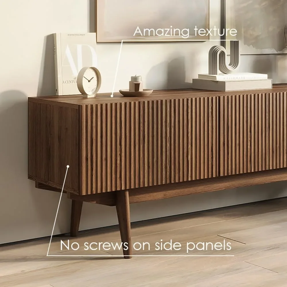 حامل تلفزيون إسكندنافي مقاس 59 بوصة بتصميم مخدد ووحدة تحكم الوسائط البنية ذات أرجل خشبية تناسب تلفزيونات مقاس 50-70 بوصة