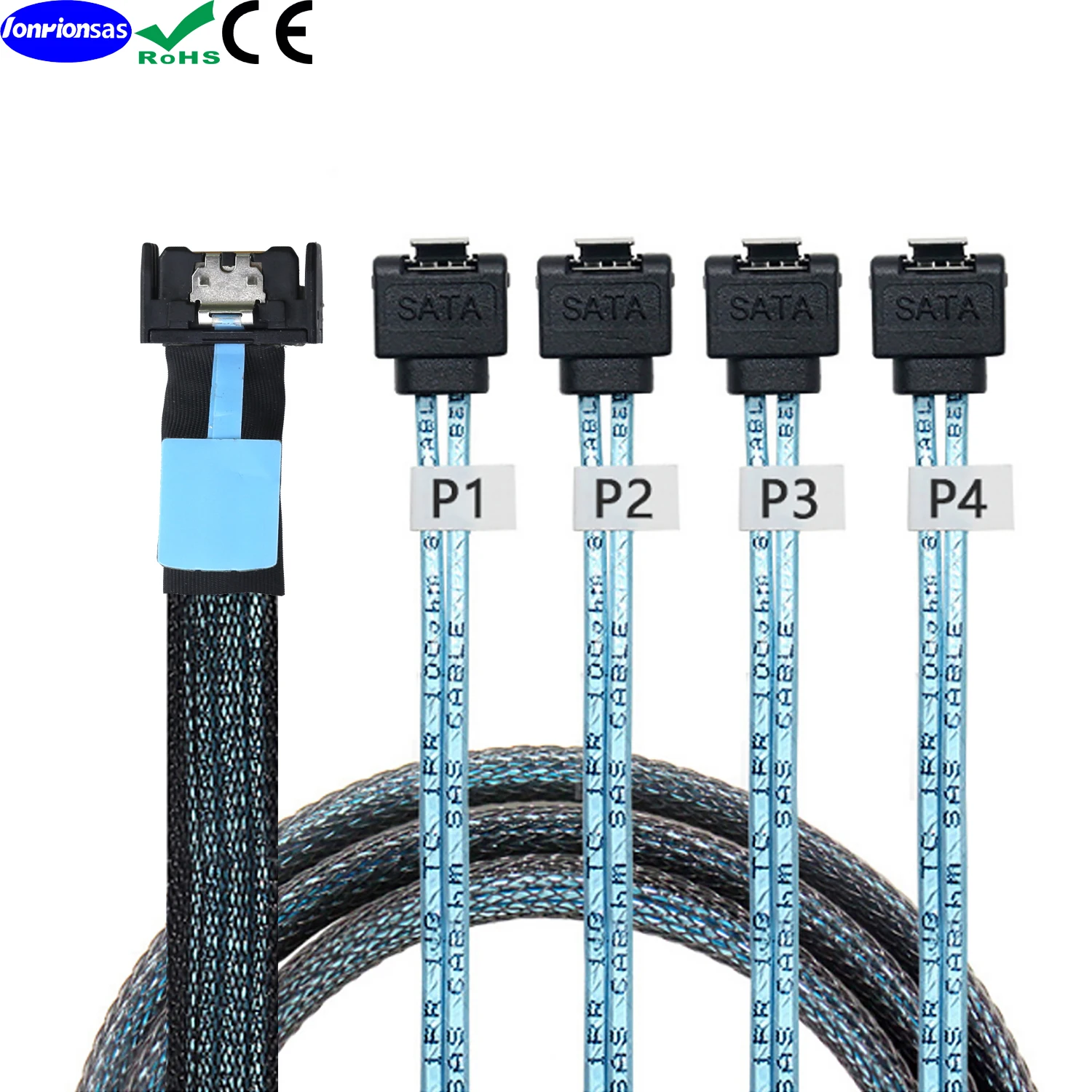 

LONRIONSAS#Internal PCIE Slimline Mini SAS MCIO SFF-8654 4I 38P to 4X SATA 90 degree Hard Drive Cable