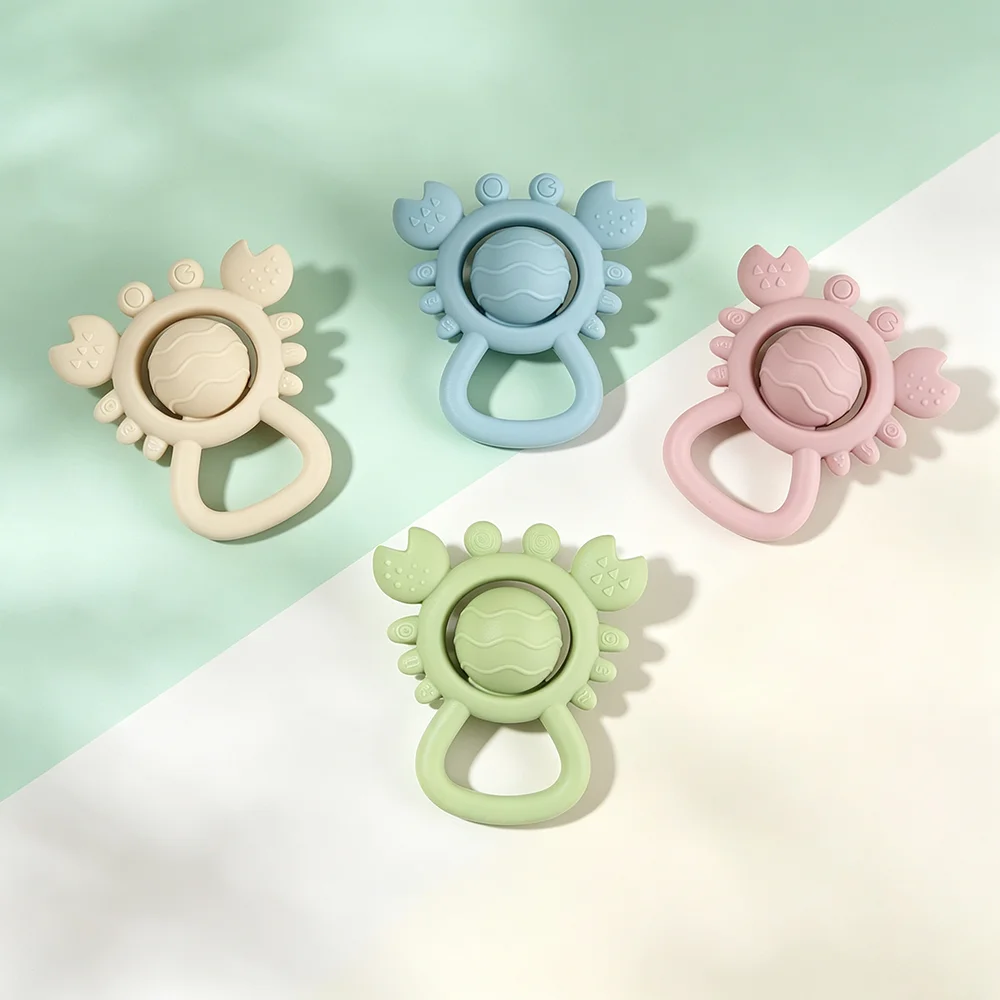 2-in-1 Crab Shape Silicone Teether baby Rattle Toy with Sound Cute Infant Teething Hand Grasp Toy