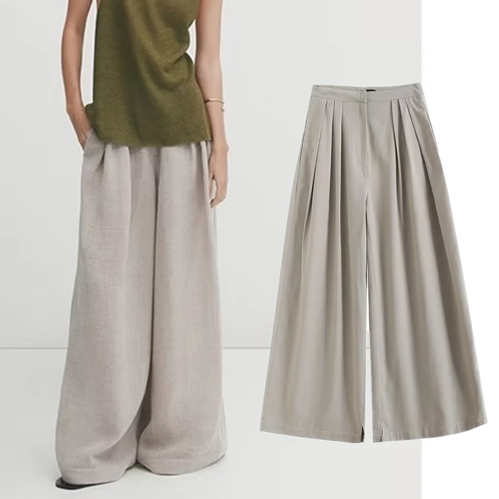 

Jenny&Dave French Retro Fashion Ladies Wide Leg Pants High Waist Grey Color Linen Loose Casual Trousers Women