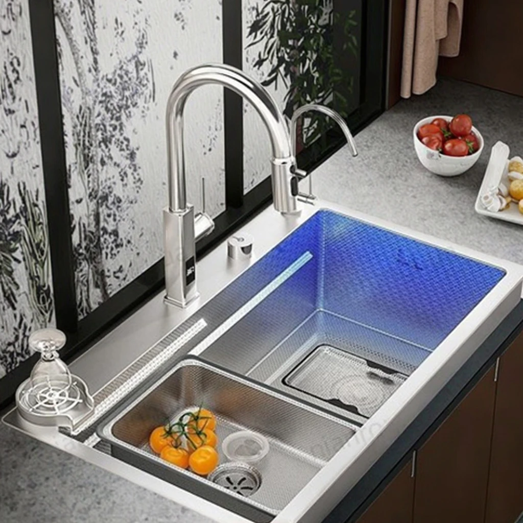 

304 Stainless Steel Silver Kitchen Sink with Honeycomb Pattern - Single Big Slot Digital Handmade Drain Pull-Out Faucet Sink