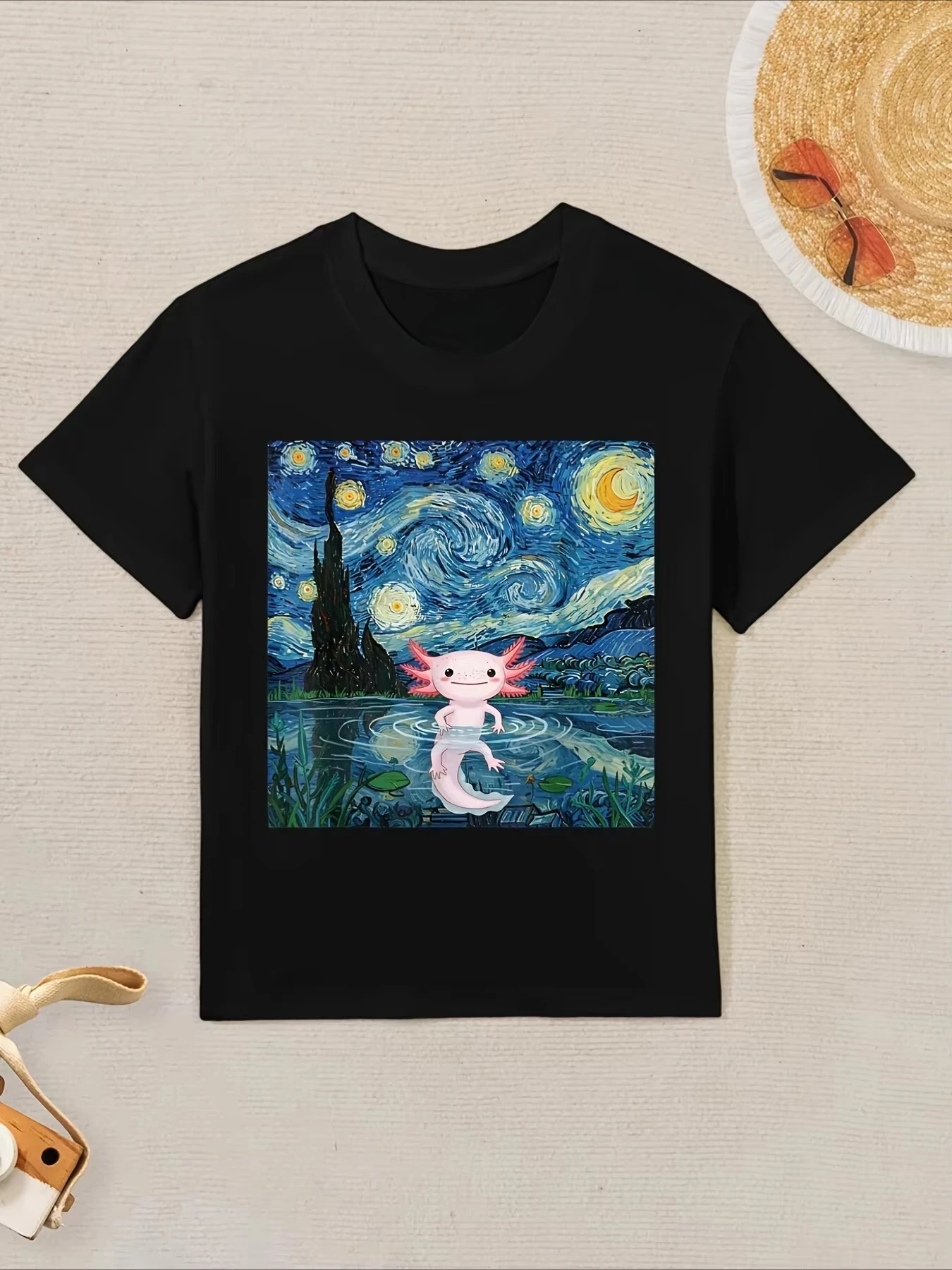 2026 Dorable Axolotl Kawaii Van Gogh Style Starry Night T-Shirt Tee Shirt Round Neck Tshirt Summer Short