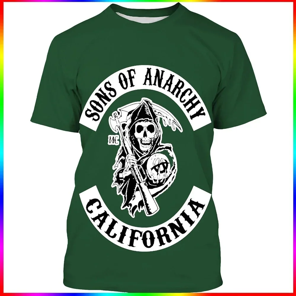 Trendy Men's Back Print Grim Reaper Skull T-Shirt Vintage Biker Motorcycle Graphic Crew Neck Short Sleeve Casual Streetwear Tee