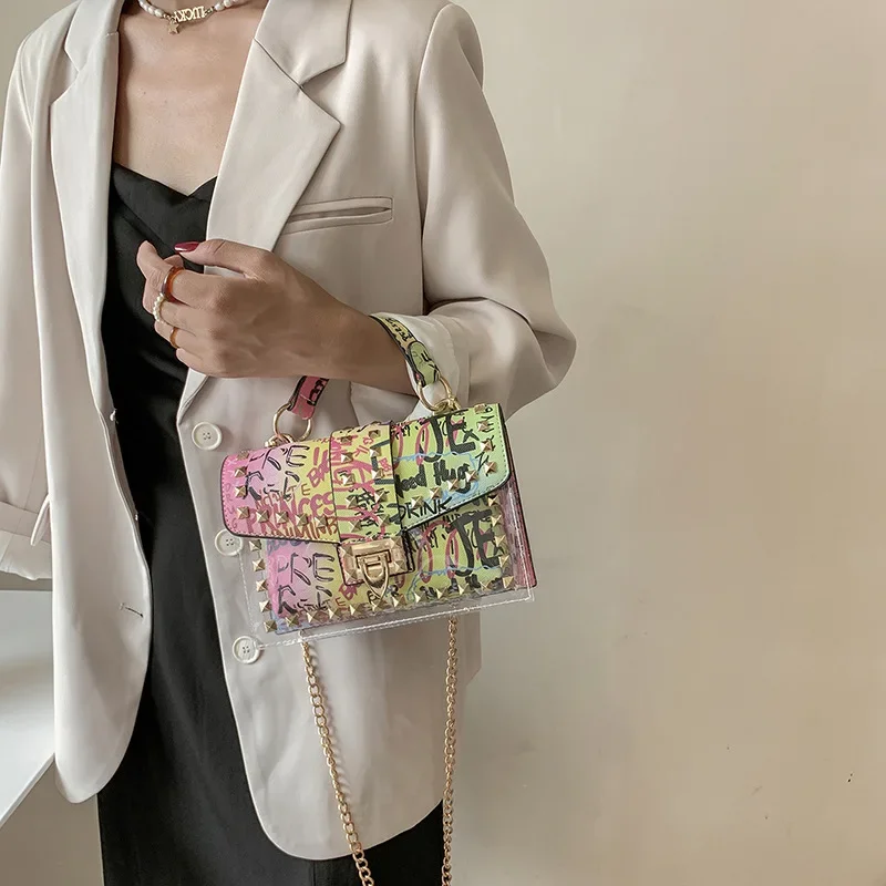 Women Studded Jelly Shoulder Crossbody Bag Holographic Iridescent Flap Chain Bag Graffiti Ladies Fashion Handbag Purse