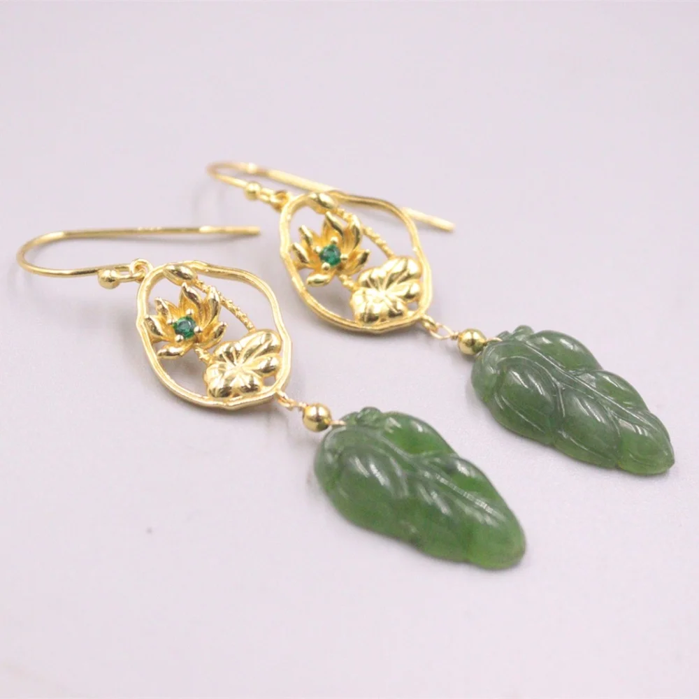 

New S925 Sterling Silver Natural Jadeite Leaf Women Lucky Lotus Flower Dangle Earrings 56mmL