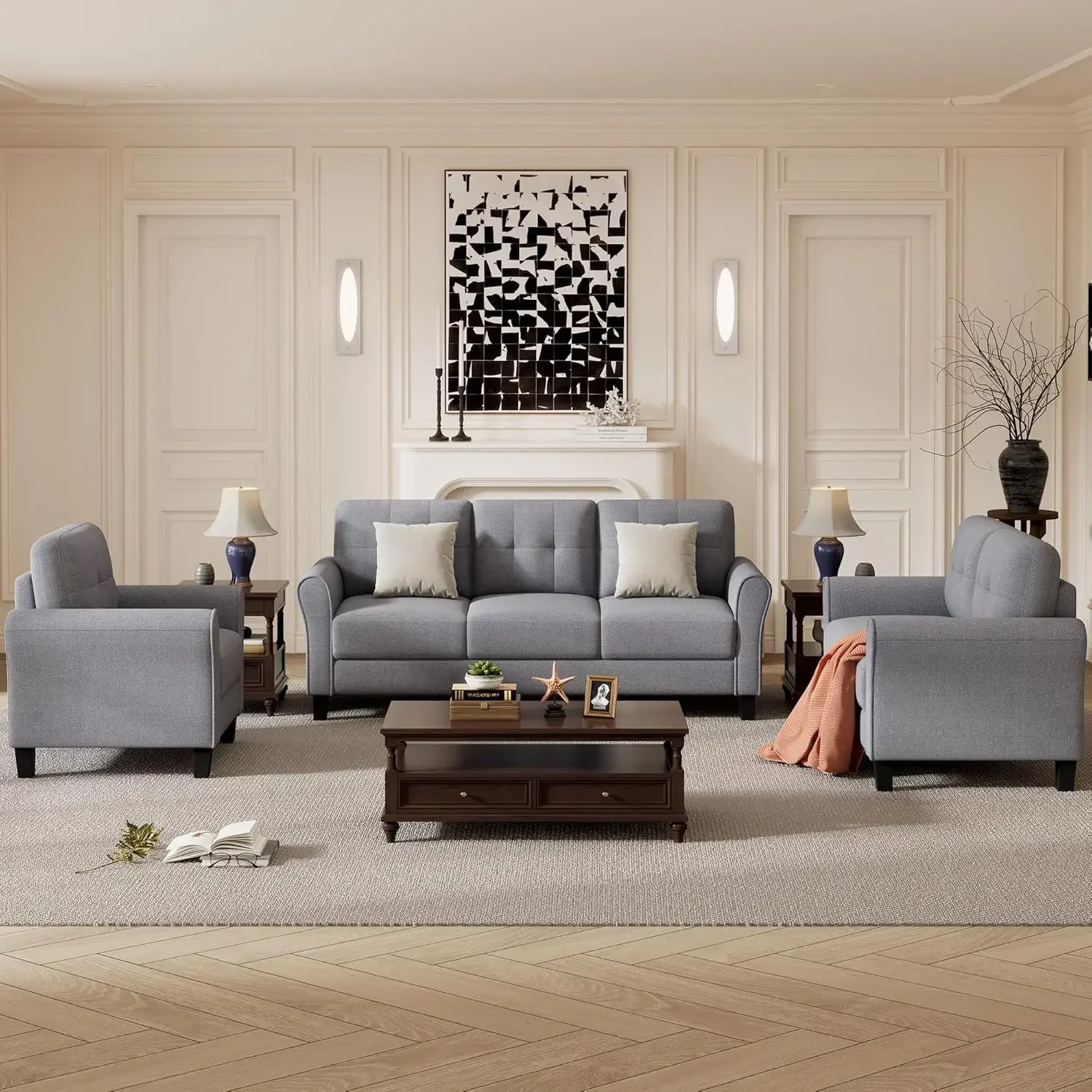 [Miglior venditore! ]Set di divani componibili per soggiorno da 3 pezzi, poltrona imbottita in lino trapuntato con bottoni in stile moderno, divano a due posti e Th