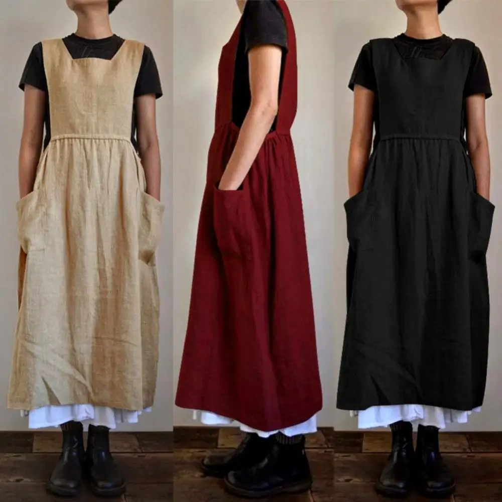 Women Sleeveless Dress Square Neck Sunmmer Women Dress Pockets Cotton Linen Apron Long Dresses Pinafore Dress Vestidos Mujer