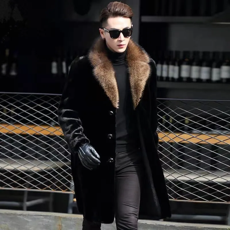 Jas Bulu Mink Kerah Jas Pria Model Longgar Oversize Jaket Bulu Tebal Hangat Bisnis Kasual Windbreaker