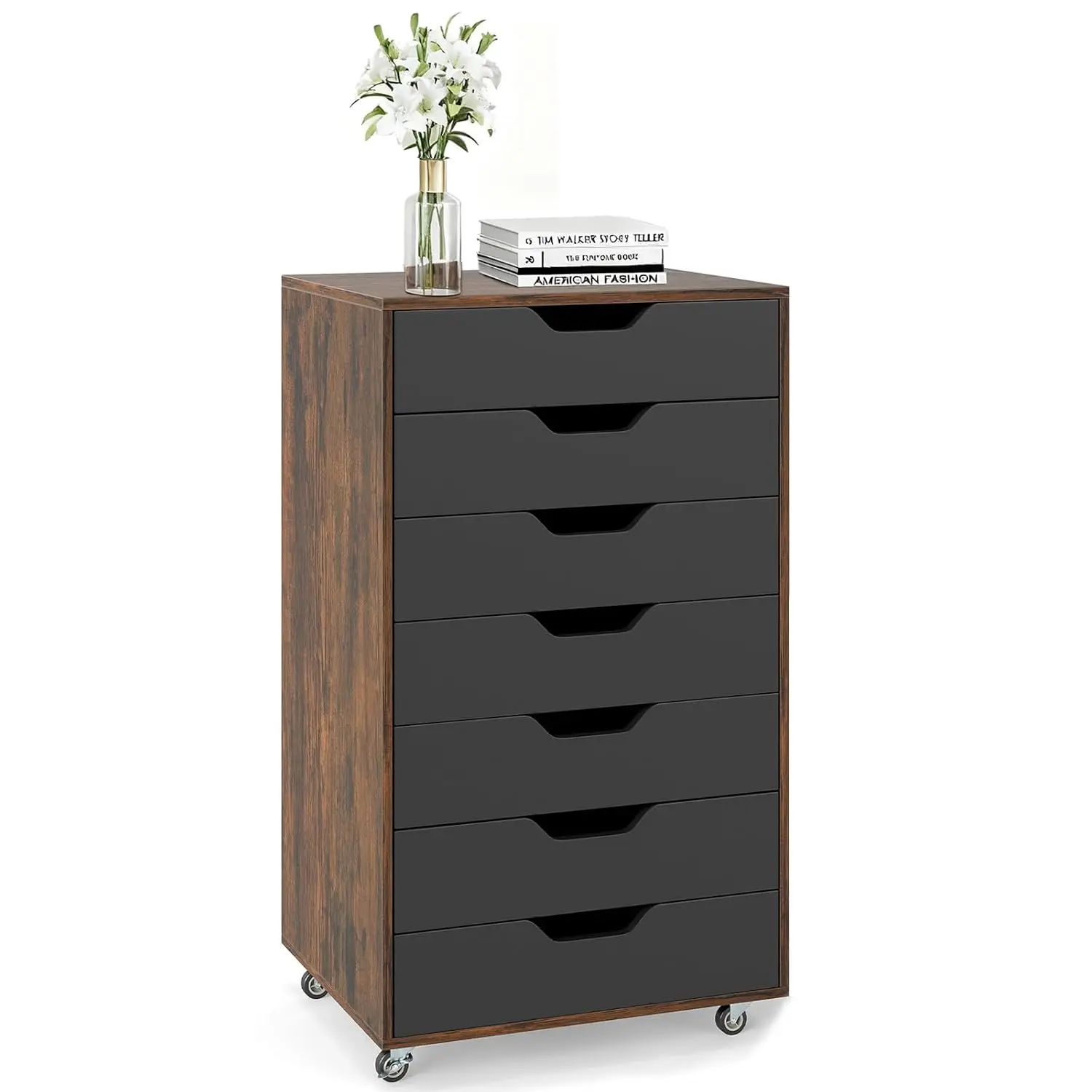 7 Drawer Mobile File Cabinet, Wood Office Storage with Wheels for Under Desk Home Office, Rustic Brown, Customized