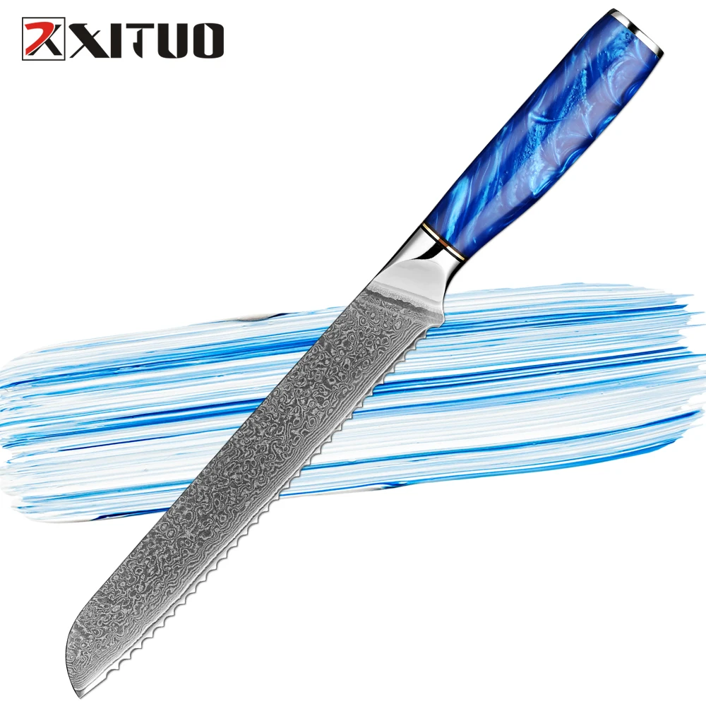 

Bread Knife 8 inch Professional Japanese Damascus Steel Blue Resin Handle Ergonomic Pro Kitchen Knife Stain&Corrosion Resistant