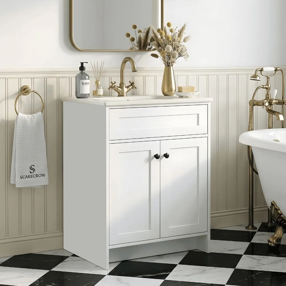 24 Inch Freestanding Bathroom Vanity with Sink, Shaker Style White Cabinet with Double Doors, Waterproof Lacquer