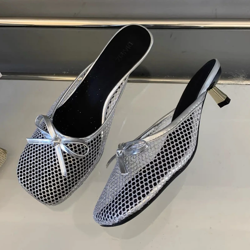 

Дышащие сандалии-мюли с сеткой, женские золотые летние шлепанцы с бантом, модельные туфли, модные тапочки на высоком каблуке, женские Zapatos De Mujer