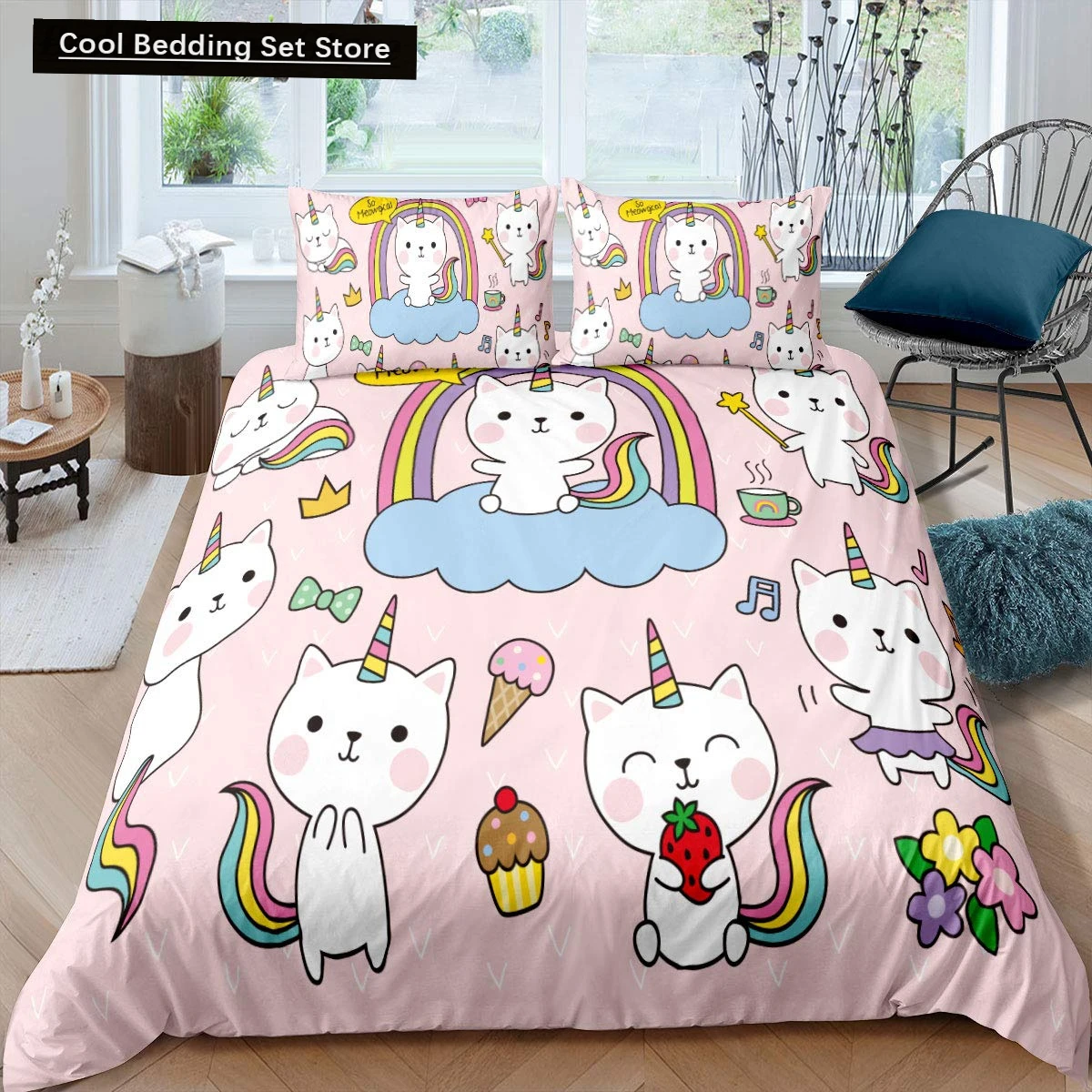 Unicorn Cat King Queen Duvet Cover Pink Kawaii Cartoon Kitty Bedding Set for Kids Girls Magical Animal 2/3pcs Soft Quilt Cover