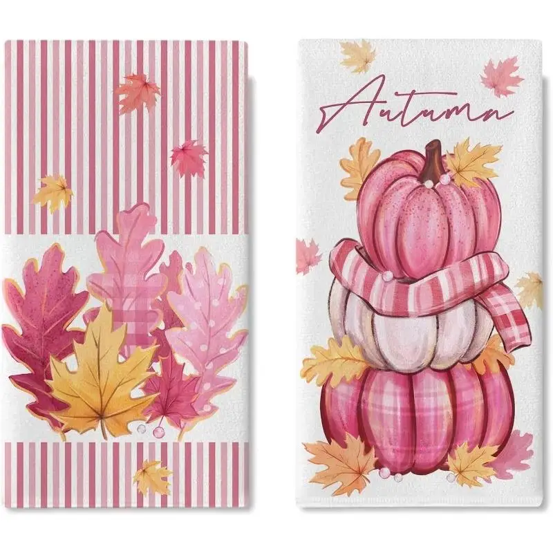 Pack of 2, Fall Pink Maple Leaf Pumpkin Print Themed Kitchen Towels
