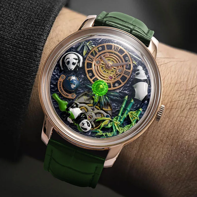 PINDU 2025 New Panda Series National Treasure Symbol Men Mechanical Watch Rotating Crystal Ball 45.5MM Men Automatic Wristwatch